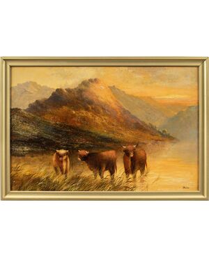 Frank Walters (British, late 19th century) - Highland Cattle at the Lake.