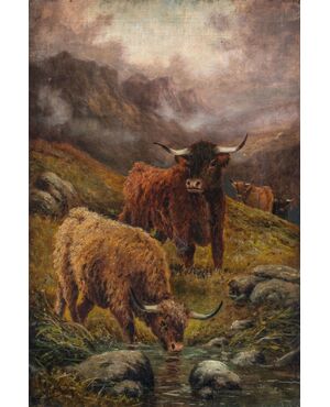 R. Watson (British, late 19th century) - Herd of Highlanders grazing.