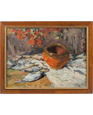 Lev Pavlovich Khodchenko (Shimanovka, 1912 - 1998) - Natura morta di pesci e vaso.