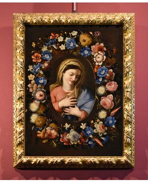 Flowered garland with portrait of the Virgin, attributed to Francesco Trevisani (1656 - 1746) and Niccolò Stanchi (1623 - 1690)