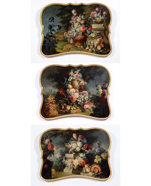 Tre dipinti raffiguranti Nature morte con trionfi di fiori e frutta, Michele Antonio Rapos (Torino, 1733 – 1819)