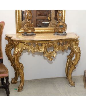 Consolle di epoca 700 in legno dorato ed intagliato con piano di marmo