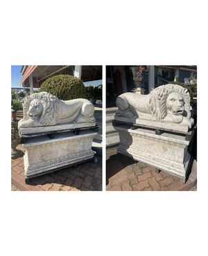 Pair of monumental marble lion statues