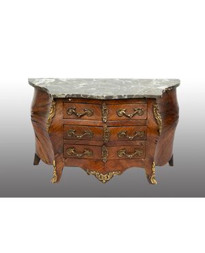 Small chest of drawers (model) in Napoleon III style in precious exotic woods with gray bardiglio marble top. France, early 20th century.