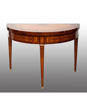 Napoleon III demi-lune game table in precious exotic woods. France, 19th century.