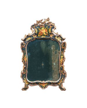 Small carved, lacquered and painted wooden mirror. Venice, 18th century.