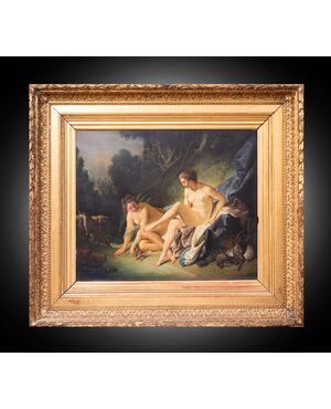 Antique oil painting on canvas with contemporary gilded and carved wooden frame depicting "The Rest of Diana". France 19th century.