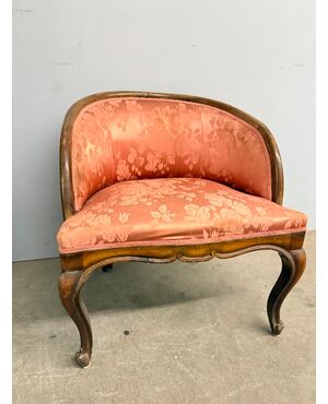 Antique walnut tub armchair, 1940s Art Deco style, silk upholstery, 66x50x50cm