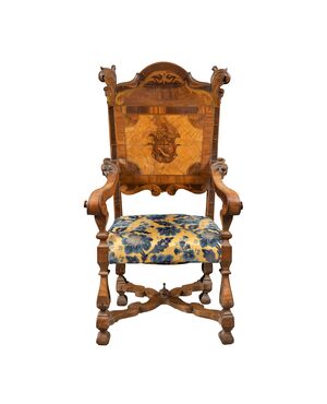 Carved, veneered and inlaid wooden armchair. Italy, 17th-18th century.