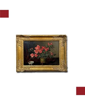 OIL PAINTING ON CANVAS WITH FLOWER VASE 19TH CENTURY