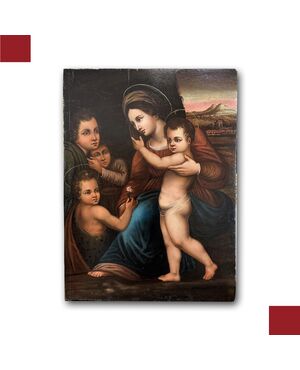 DIPINTO A OLIO SU TAVOLA MADONNA CON GESU’ E GIOVANNI FINE XVI SECOLO