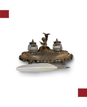 SILVERED BRONZE DESK INKWELL, FIRST HALF OF THE 19TH CENTURY