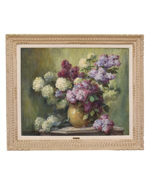 ANTIQUE FLOWER PAINTINGS, LILAC VASE, STILL LIFE, OIL ON CANVAS, ART NOUVEAU, EARLY 20TH CENTURY. (QF698)