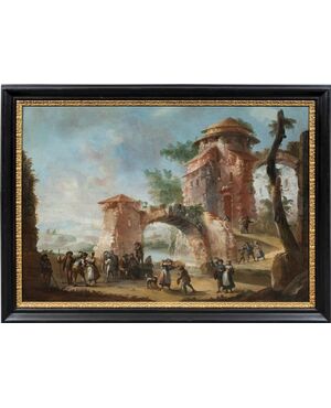 Pittore italiano (XVIII sec.) - Paesaggio con rovine e personaggi.