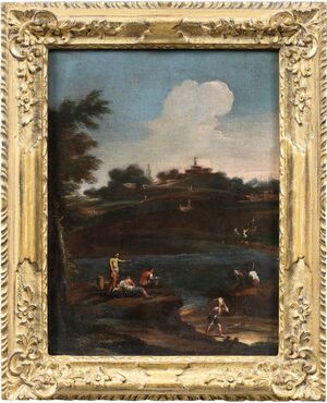 Pittore veneziano (XVIII sec.) - Paesaggio fluviale con personaggi.