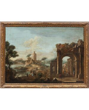 Francesco Battaglioli (Modena 1710 ca. - Venezia post 1796) - Capriccio architettonico con personaggi.