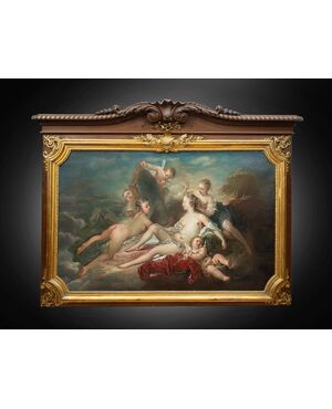 Dipinto antico olio su tela alla maniera di "Francois Boucher" raffigurante la Toletta di Venere.Francia XVIII secolo.