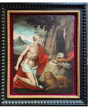 Dipinto olio su tela raffigurante San Girolamo penitente.