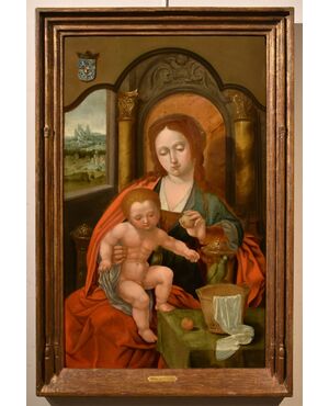 Madonna in trono con Bambino, Maestro del Pappagallo (Anversa, primi del XVI secolo), seguace