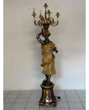 Floor lamp. Moor of Venice, carved, lacquered and gilded wood, 20th century.