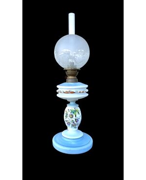 Milk glass oil lamp with light blue decoration and floral motifs. Kosmos Brenner manufacture. Germany.
