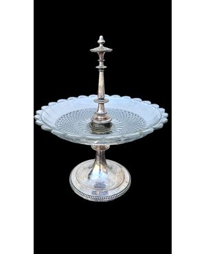 Silver-plated metal centerpiece/fruit bowl with frosted crystal bowl. Christofle. France.