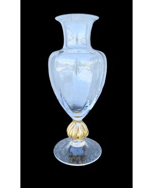Globular transparent glass vase with gold leaf details. Murano.