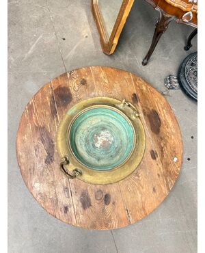 Antico braciere XIX sec. sud Italia, rame e legno, d.90cm