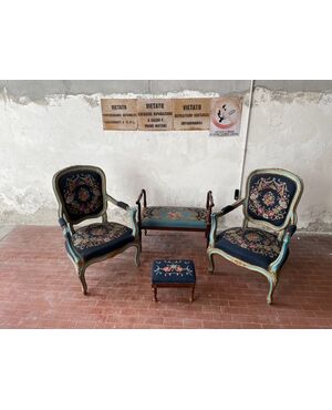 Salottino con 2 poltrone, panchetta e pouf in stile Luigi XV