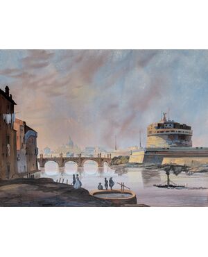 Seguace di Ippolito Caffi (Belluno 1809 - Lissa 1866) - Roma, veduta del Tevere verso Castel Sant’Angelo.