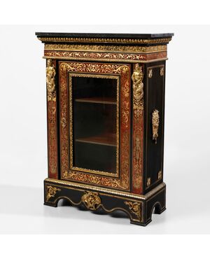 Ebonized wood display cabinet, Boulle-style decoration and gilded bronze finishes. Marble top. France, 19th century.