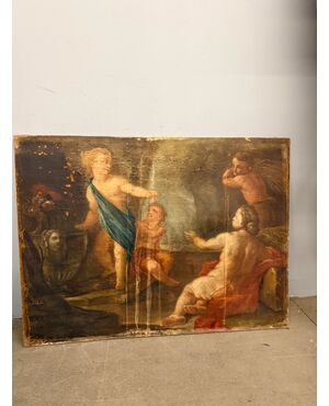 Antico dipinto Bacco con Cherubini fine XVII sec olio su tela 103x77cm Prima tela