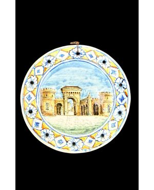 Majolica saucer with a depiction of the Porta Saragozza in Bologna. Minghetti.