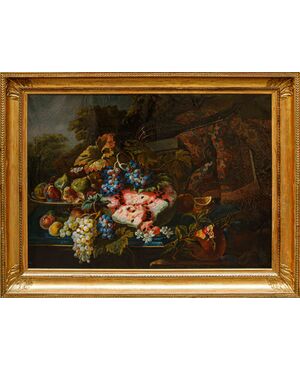 19th century, follower of Maximilian Pfeiler, Still life with grapes and watermelon and carpet