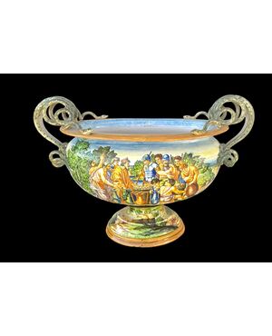 Large majolica vase decorated with a historical scene. Molaroni. Pesaro.
