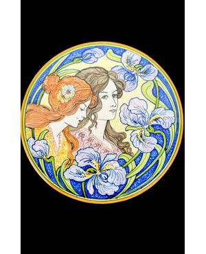 Majolica plate with Art Nouveau decoration. Molaroni Manufactory. Pesaro.