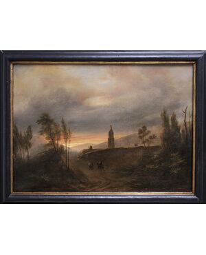 Giuseppe Canella, French landscape at dawn, oil on canvas, cm. 46.5x65