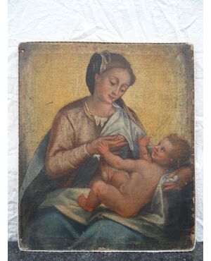 Dipinto olio su tela scuola italiana del XVII secolo Maria che allatta al seno