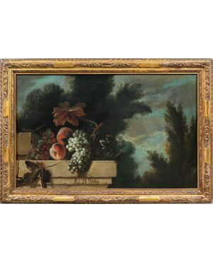Jean-Baptiste Oudry (Parigi 1686 - Beauvais 1755) cerchia di - Architettura con natura morta di frutta.
