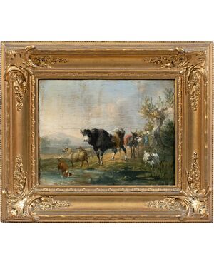 Pittore italiano (fine XVIII-inizi XIX sec.) - Paesaggio con mucche, capre e cane al ruscello.