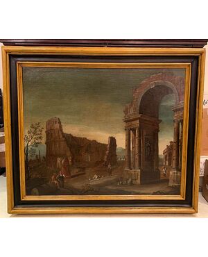 Paesaggio con rovine attr. a Gaetano Ottani (1720 - 1801) - splendida cornice "salvador rosa" primi XVIII laccata