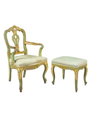 Armchair and footstool in carved and lacquered wood. Venice, 19th-20th century.