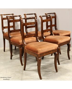 Antique set of 6 Carlo X inlaid walnut chairs - Italy 19th century