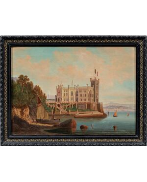 Italian painter (early 20th century) - Trieste, view of Miramare Castle with the Italian flag.