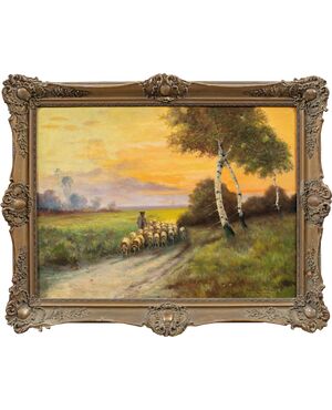 Pittore inglese (XIX sec.) - Paesaggio con gregge al tramonto.
