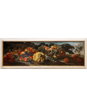 Giovanni Paolo Castelli detto Spadino (1659 Roma-1730 Roma ), Natura morta con zucca, uva, melograni, fichi e coppa in vetro