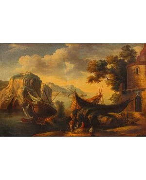 Seguace di Salvator Rosa ( 1615 – 1673), Veduta con baia
