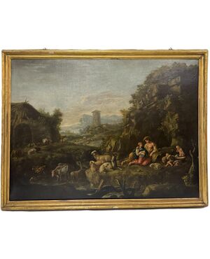 Giuseppe Tassoni (1653 -1737) "Landscape with herds and family of shepherds"