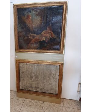 Decorated panel with canvas oil painting and mirror.