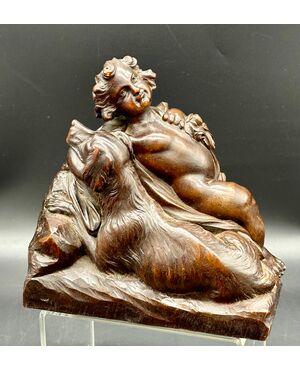 Carved Wooden Sculpture - Putto with Dog, 19th Century